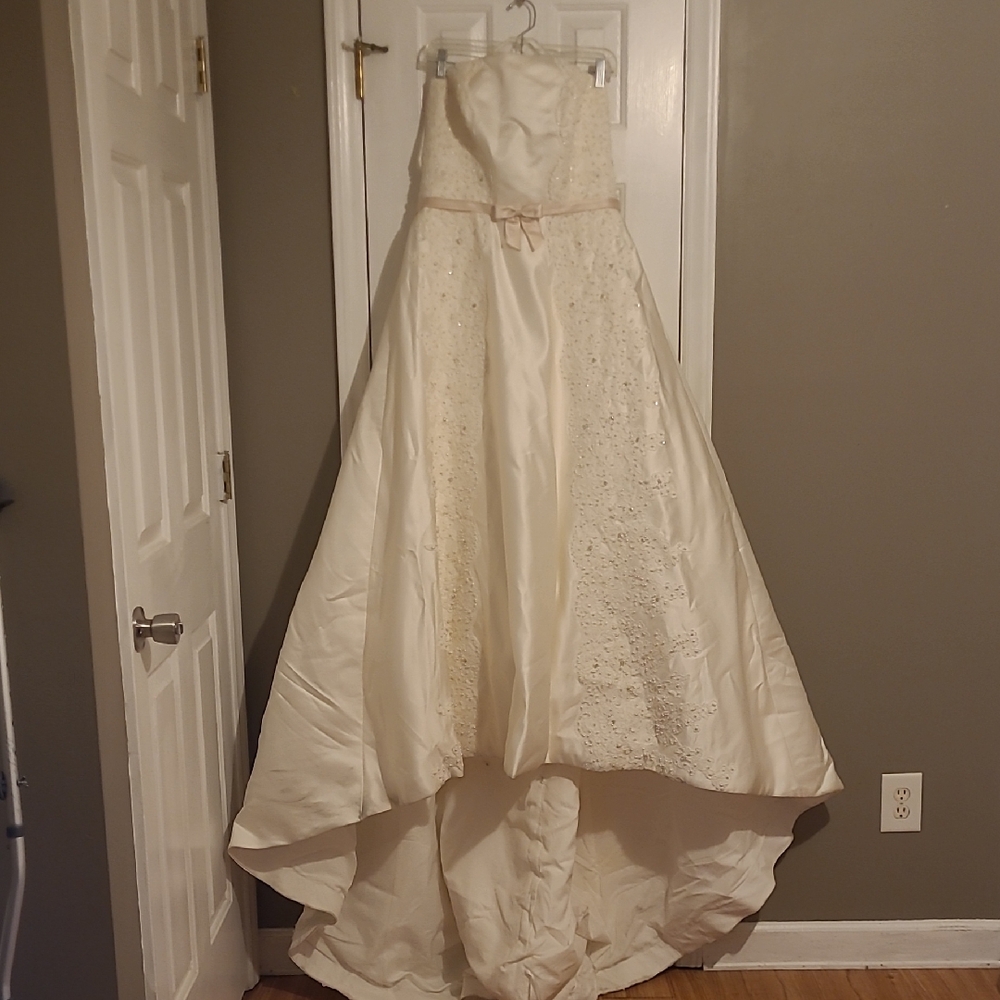 Strapples  Satin A- Line Wedding Dress Sahs And Bow Intricated Lace Beading Emb